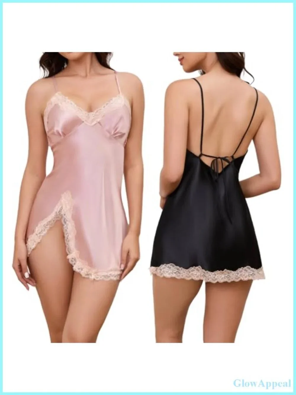 2-Pack Satin Lace Slip Dress Nightgown V-Neck Sleeveless Sleepwear